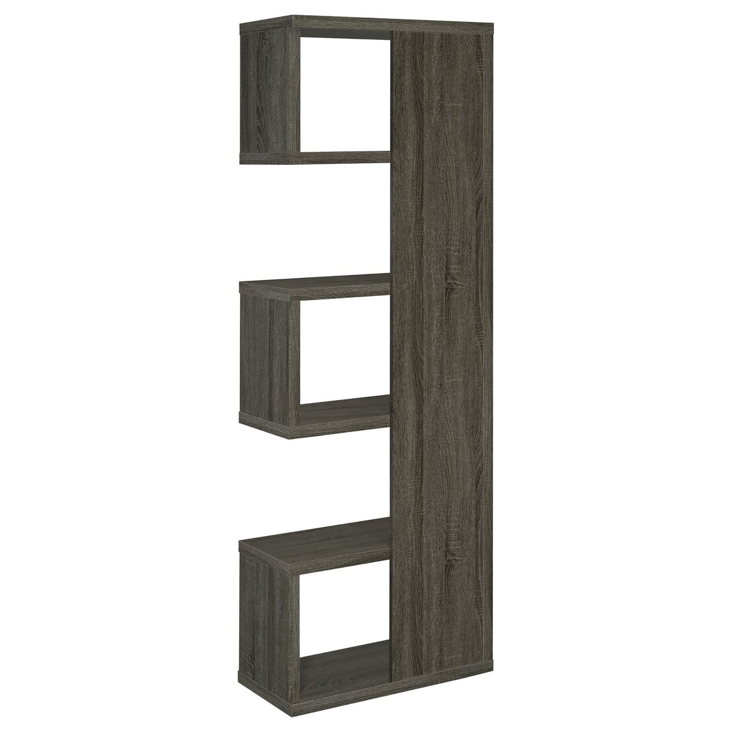 Modern grey wood vertical bookshelf with staggered open shelves
