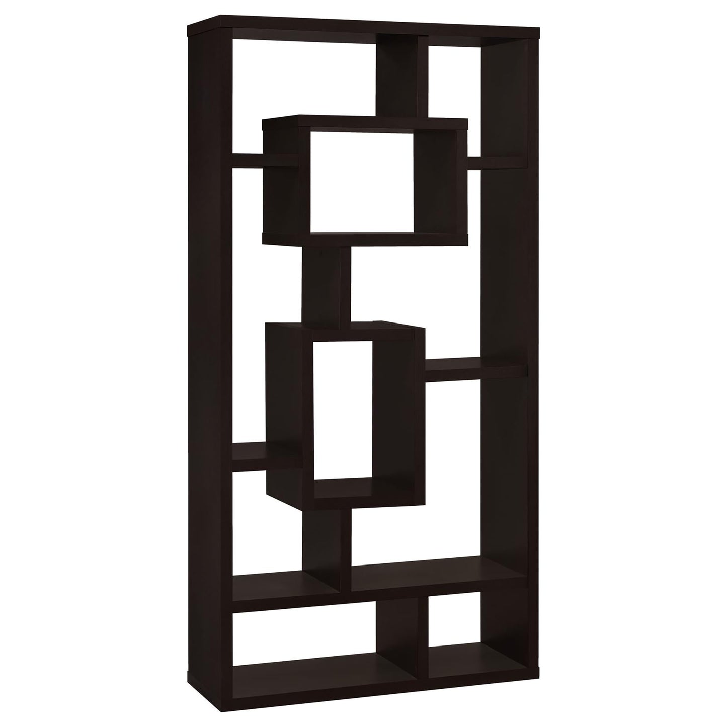 Dark brown geometric bookshelf with open shelving