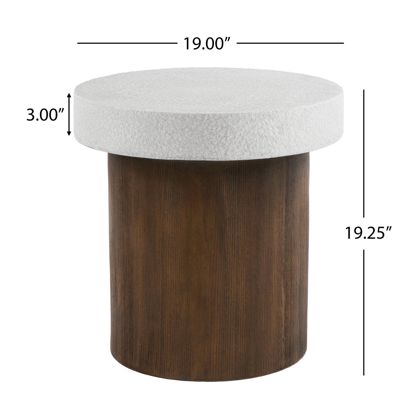 Round white textured top accent table with dark wood base