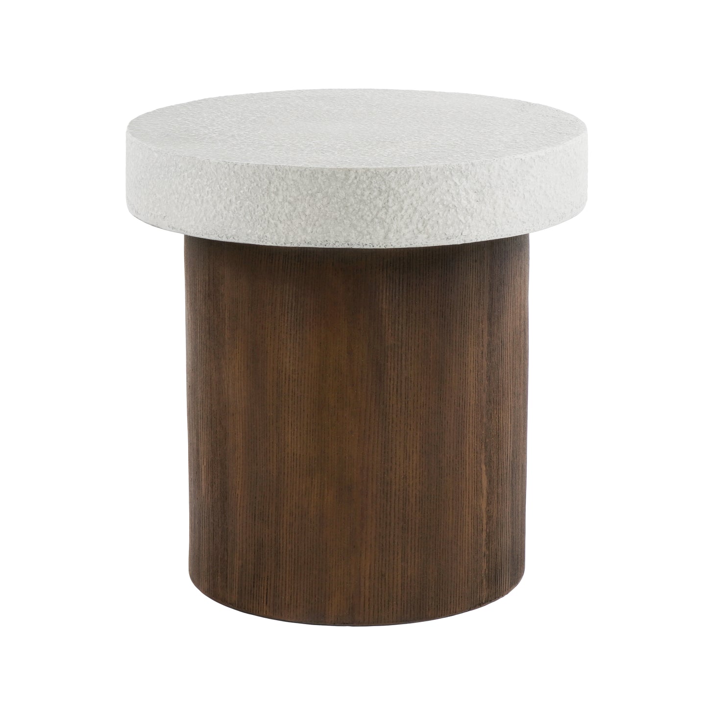 Textured white round top accent table with dark wood cylinder base
