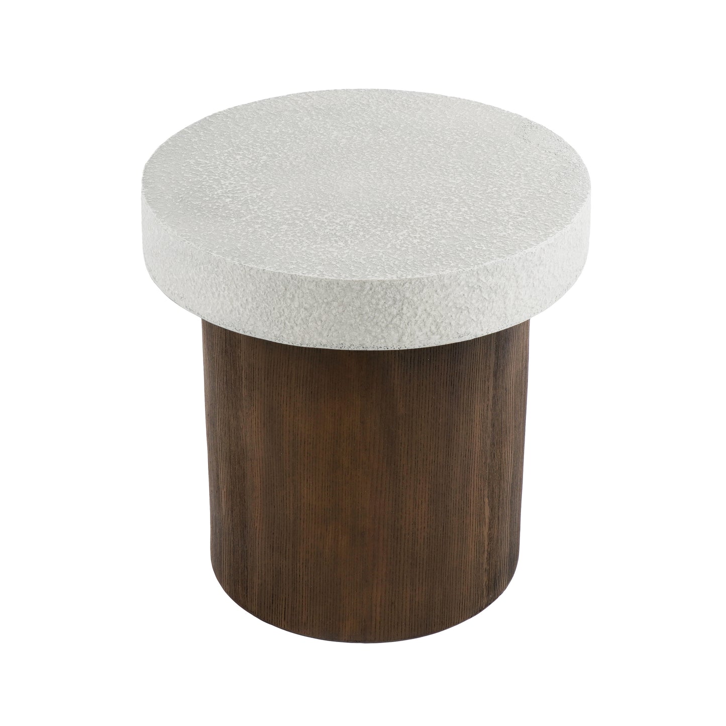 Textured white round side table with dark wood cylindrical base