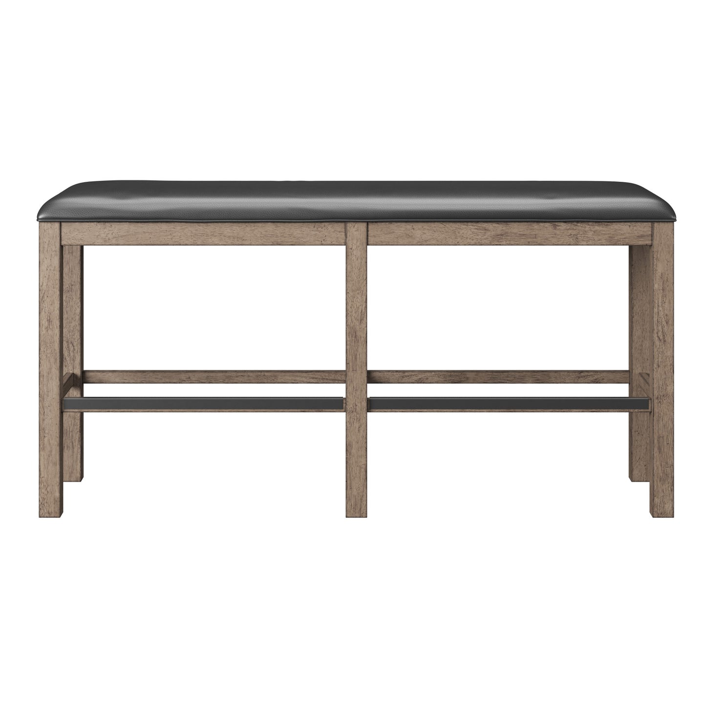 Rustic wood counter stool with padded black faux leather seat and metal footrest