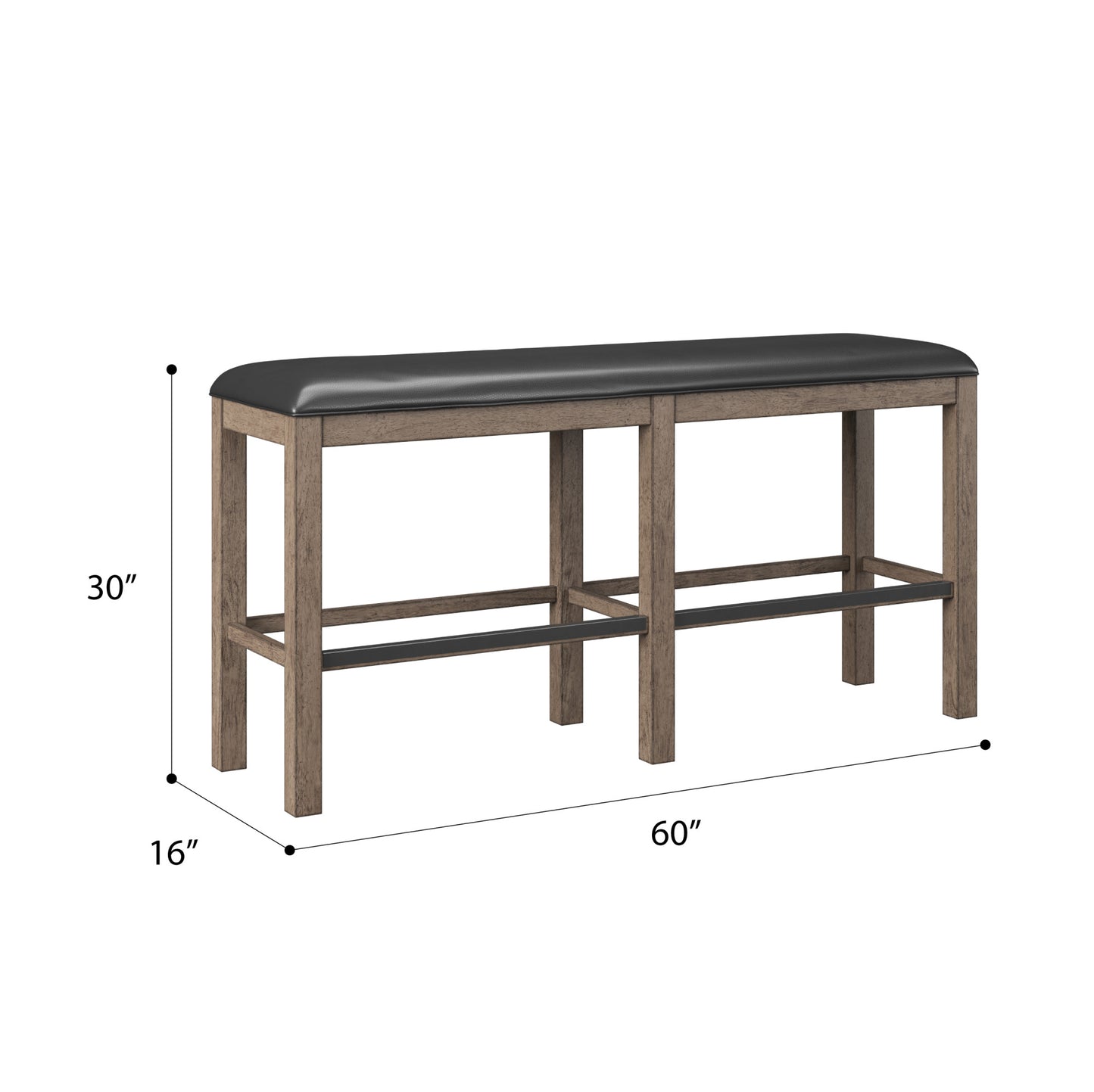 inch grey wood counter height bench with black faux leather top and footrest