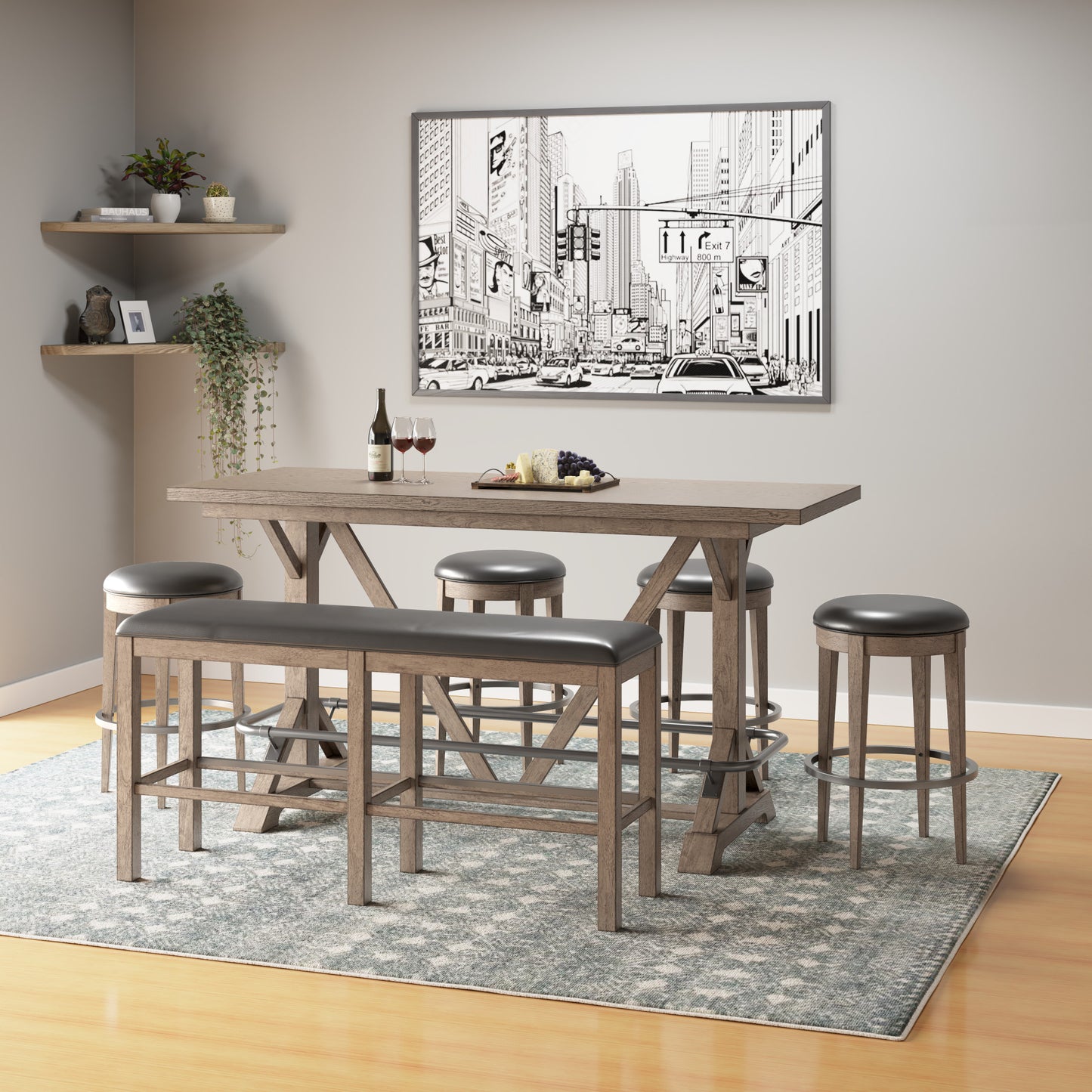 Rustic gray wood counter table with black leather stool seating