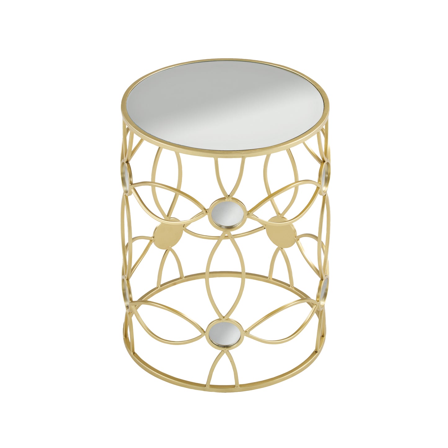 Gold metal end table with mirrored top and geometric lattice design