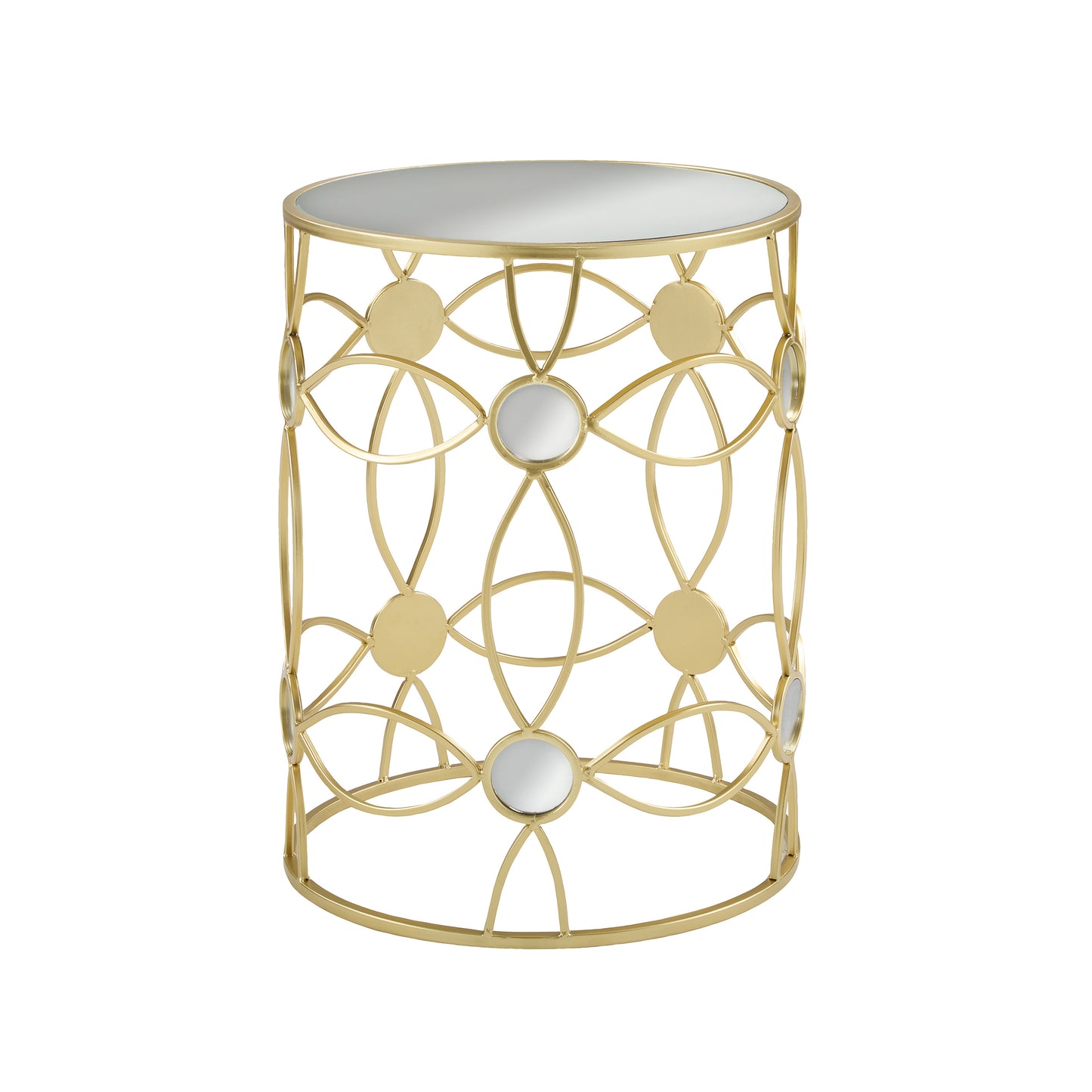 Gold metal side table with mirrored accents and geometric openwork design