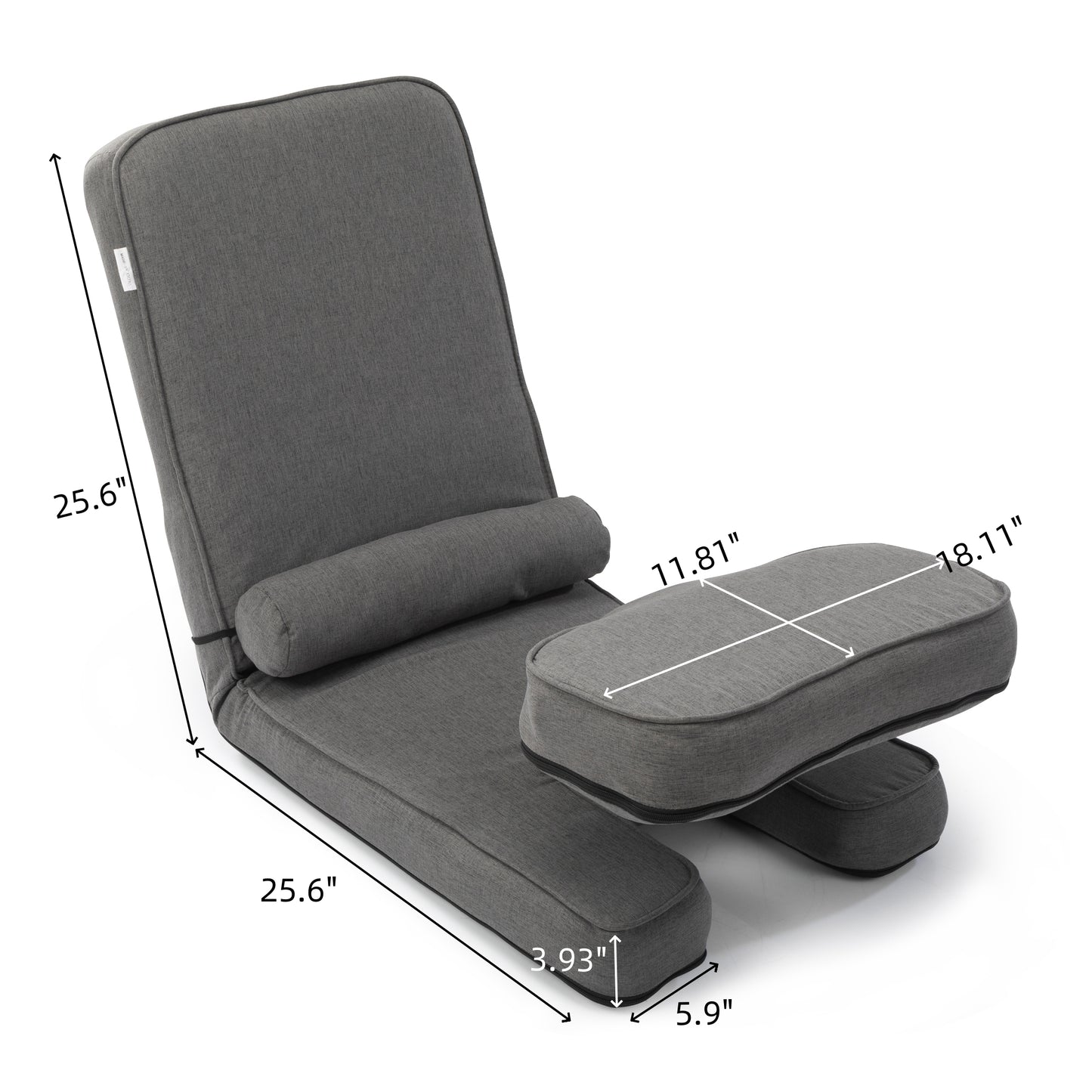Gray fabric floor chair with adjustable backrest and detached footrest