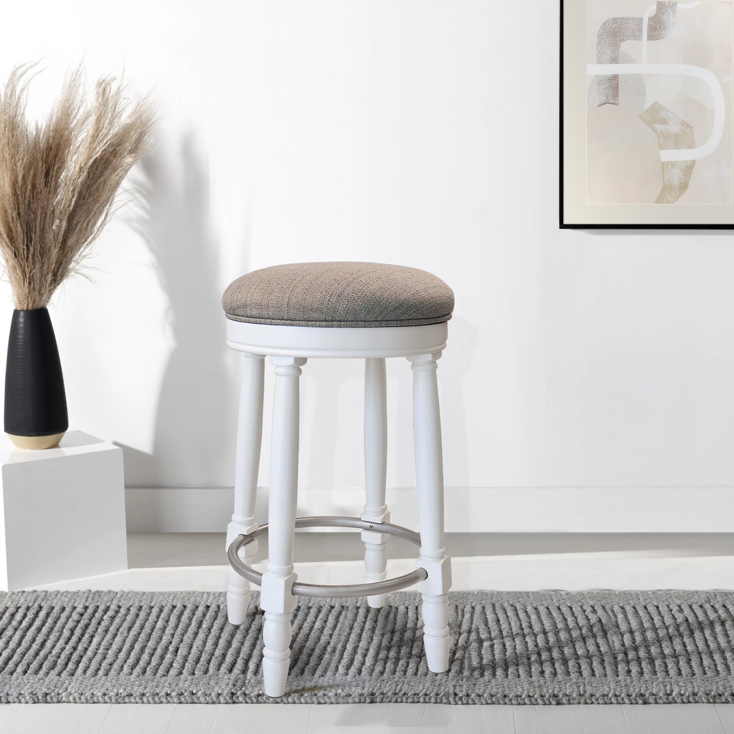 White wooden bar stool with textured gray upholstered seat