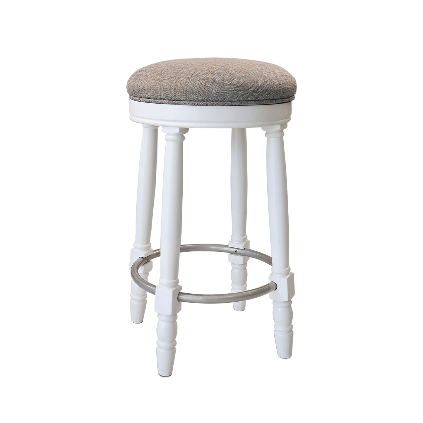 White wooden bar stool with a textured grey upholstered round seat and silver footrest