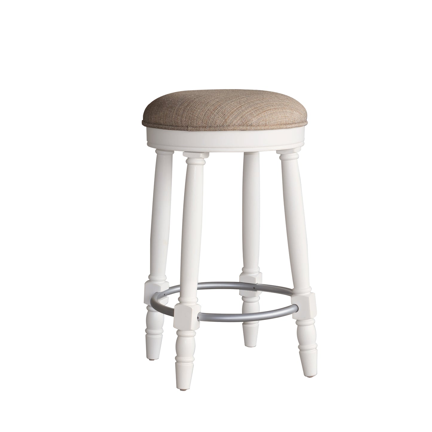 White wood bar stool with a textured tan fabric seat and silver footrest ring