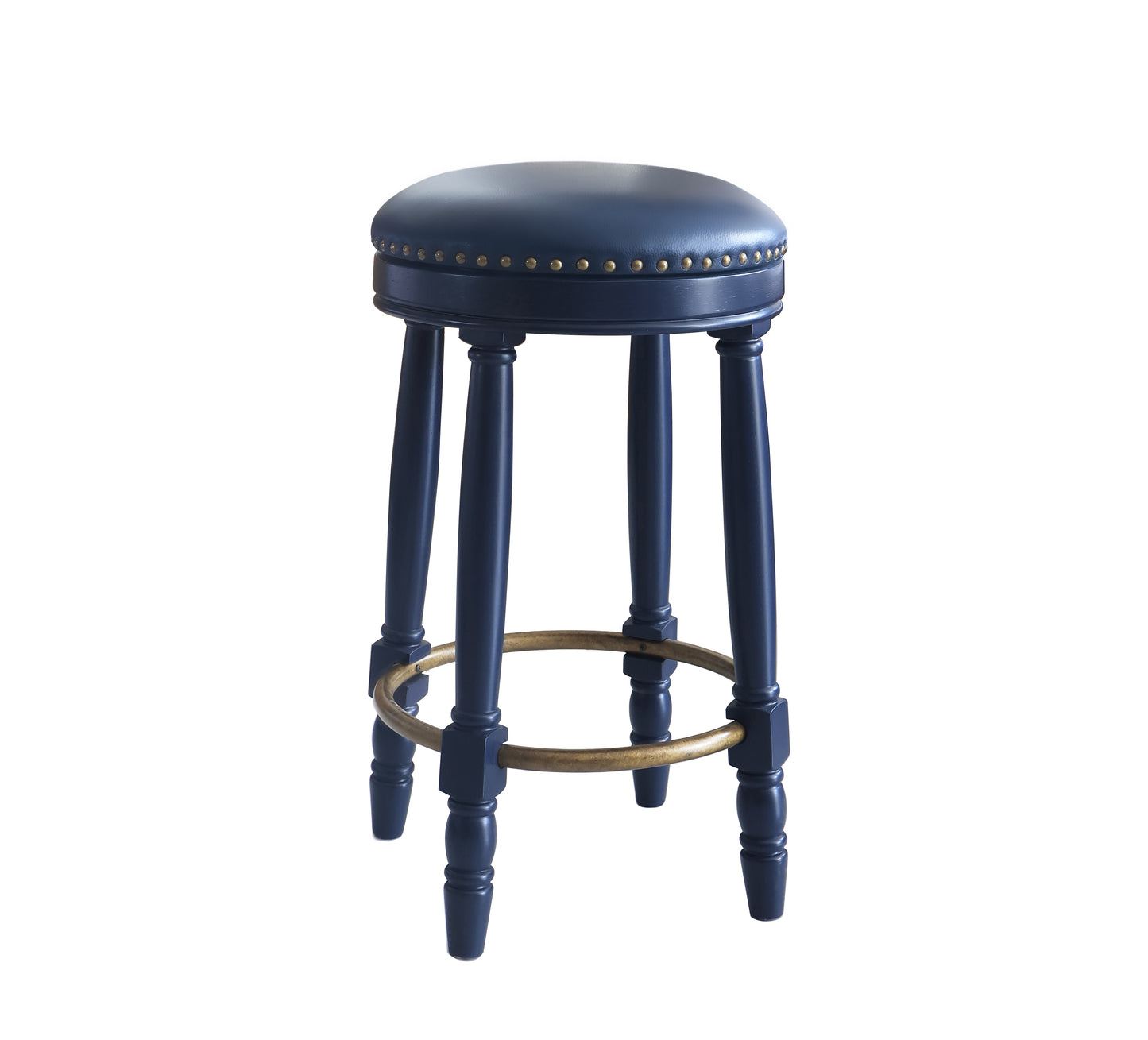 Dark blue upholstered bar stool with brass footrest and nailhead trim