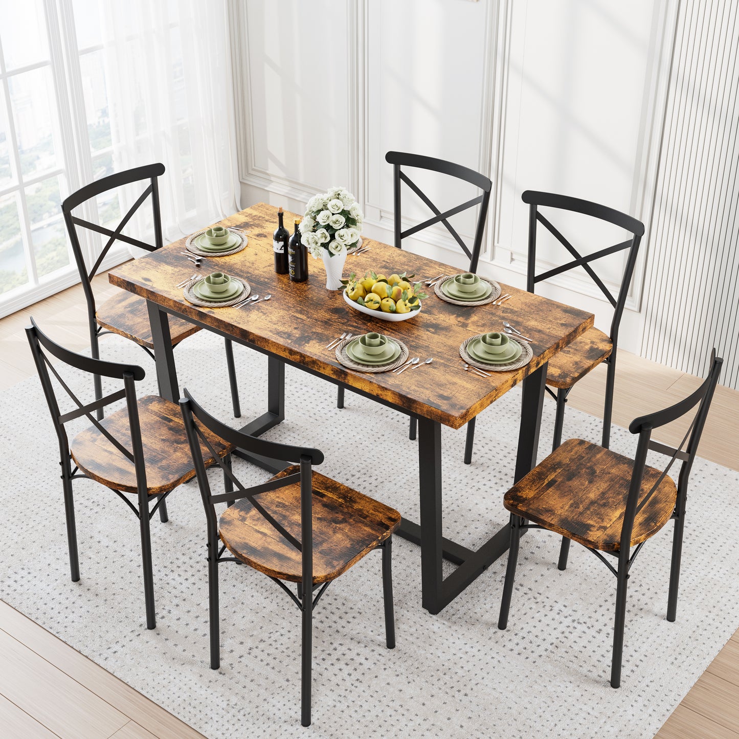 Rustic wood dining table with metal legs and crossback chairs