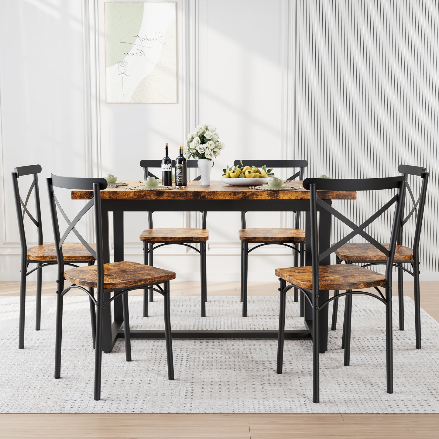 Rustic wood and black metal dining set with crossback chairs