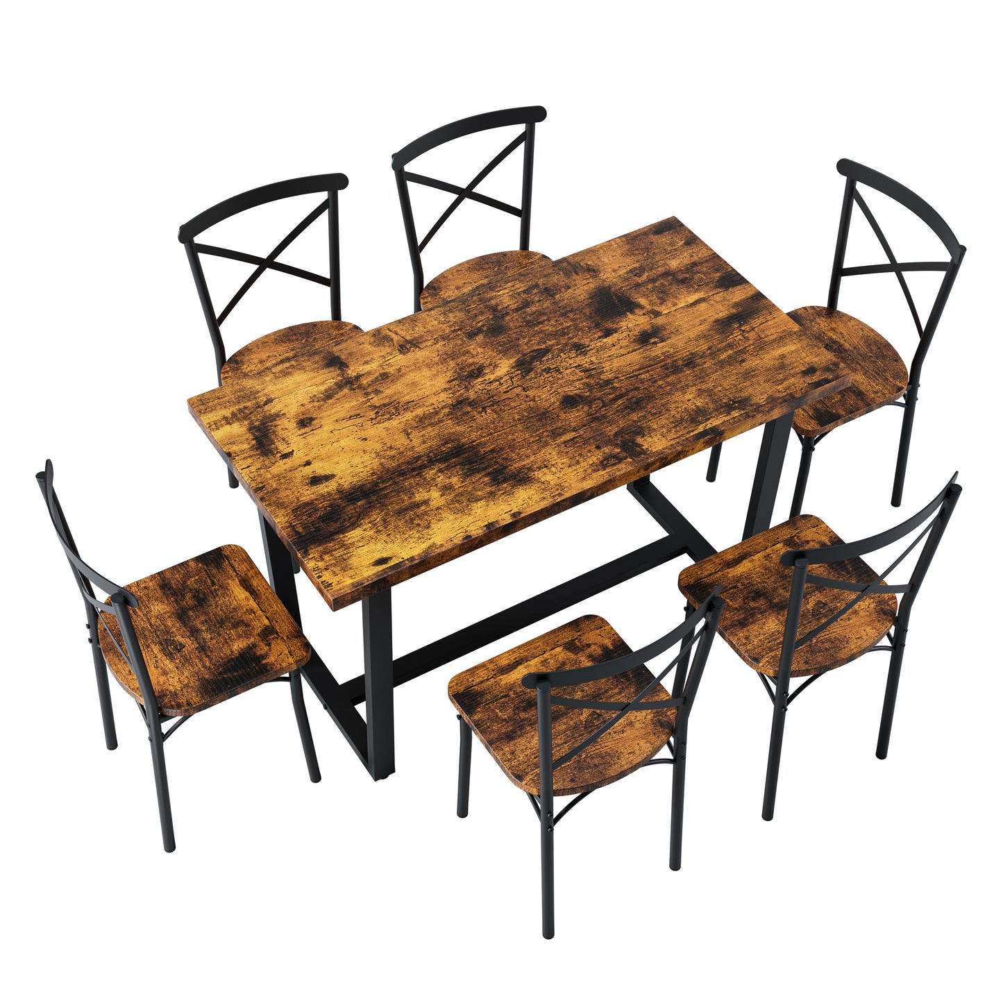 Rustic wood dining table set with six black metal chairs