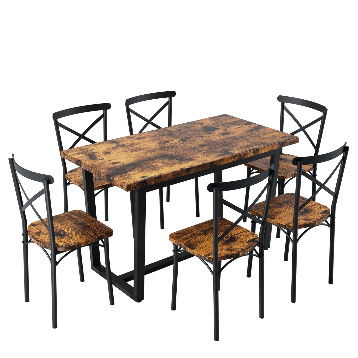 Rustic wood dining table with six black metal chairs