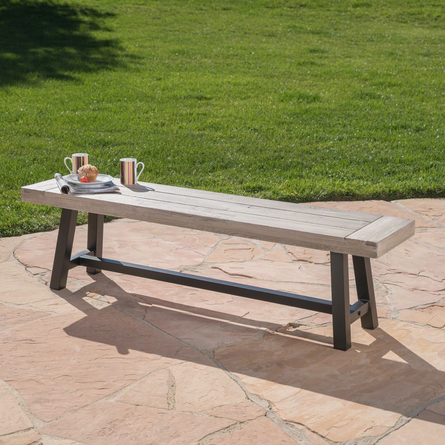 Rustic wood outdoor bench with black metal legs