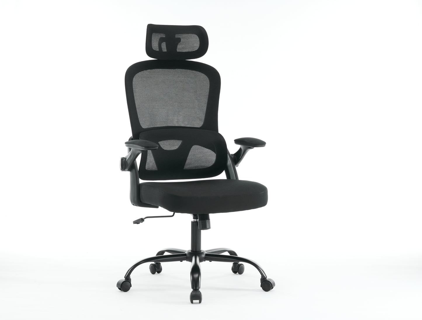 Black ergonomic mesh office chair with adjustable headrest and armrests