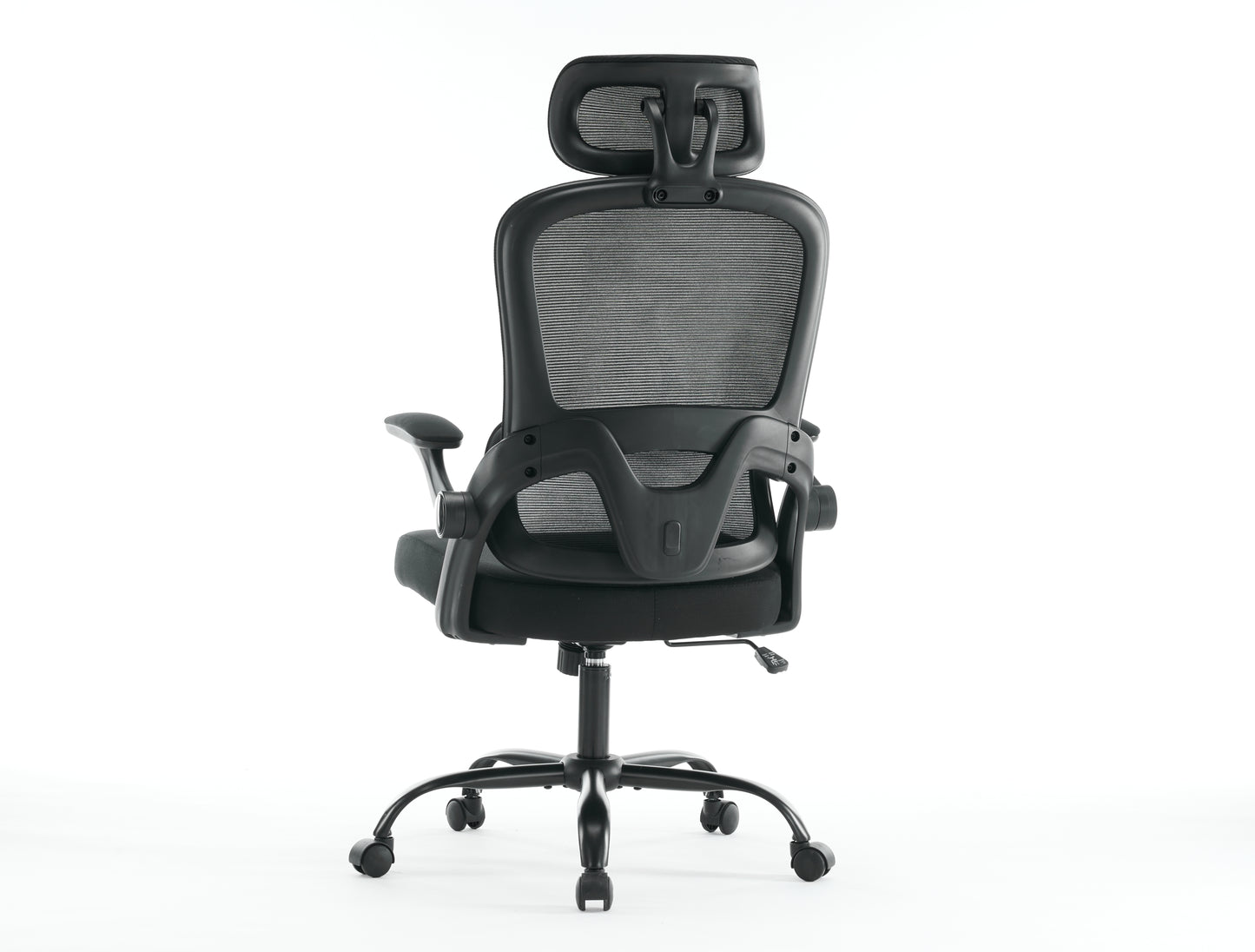 Black mesh ergonomic office chair with adjustable headrest and armrests
