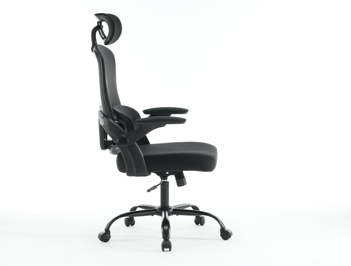 Black ergonomic office chair with adjustable lumbar support and headrest