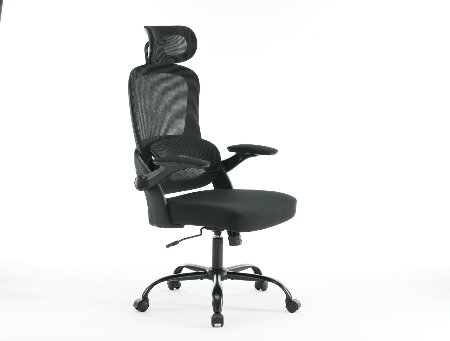 Black mesh ergonomic office chair with adjustable headrest and armrests