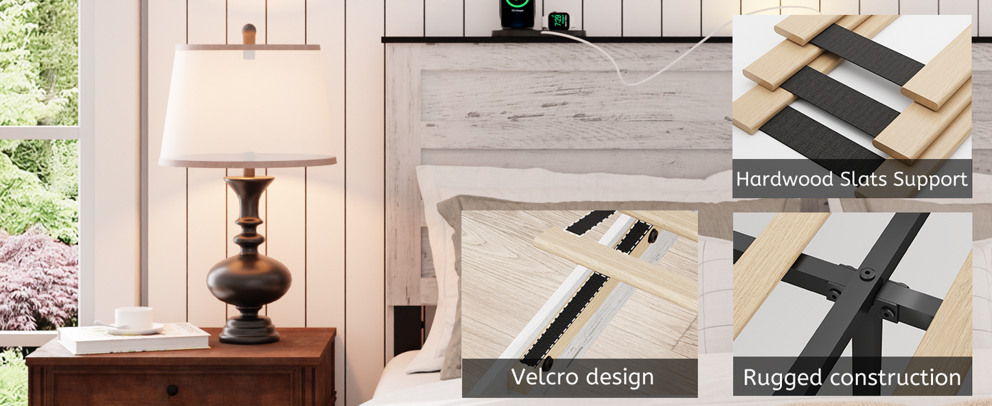 Rustic distressed white wood headboard with integrated charging station for phones and watches