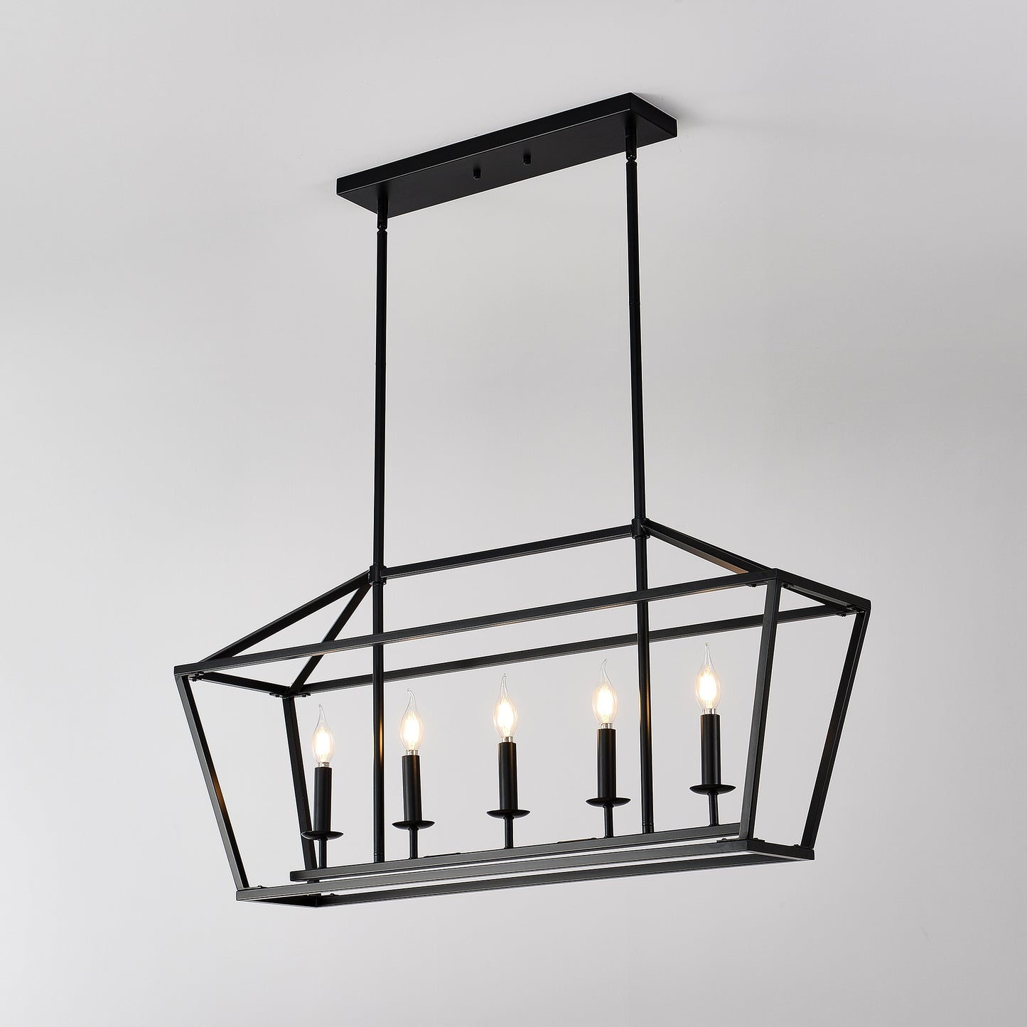 Black geometric pendant light with five candelabra bulbs