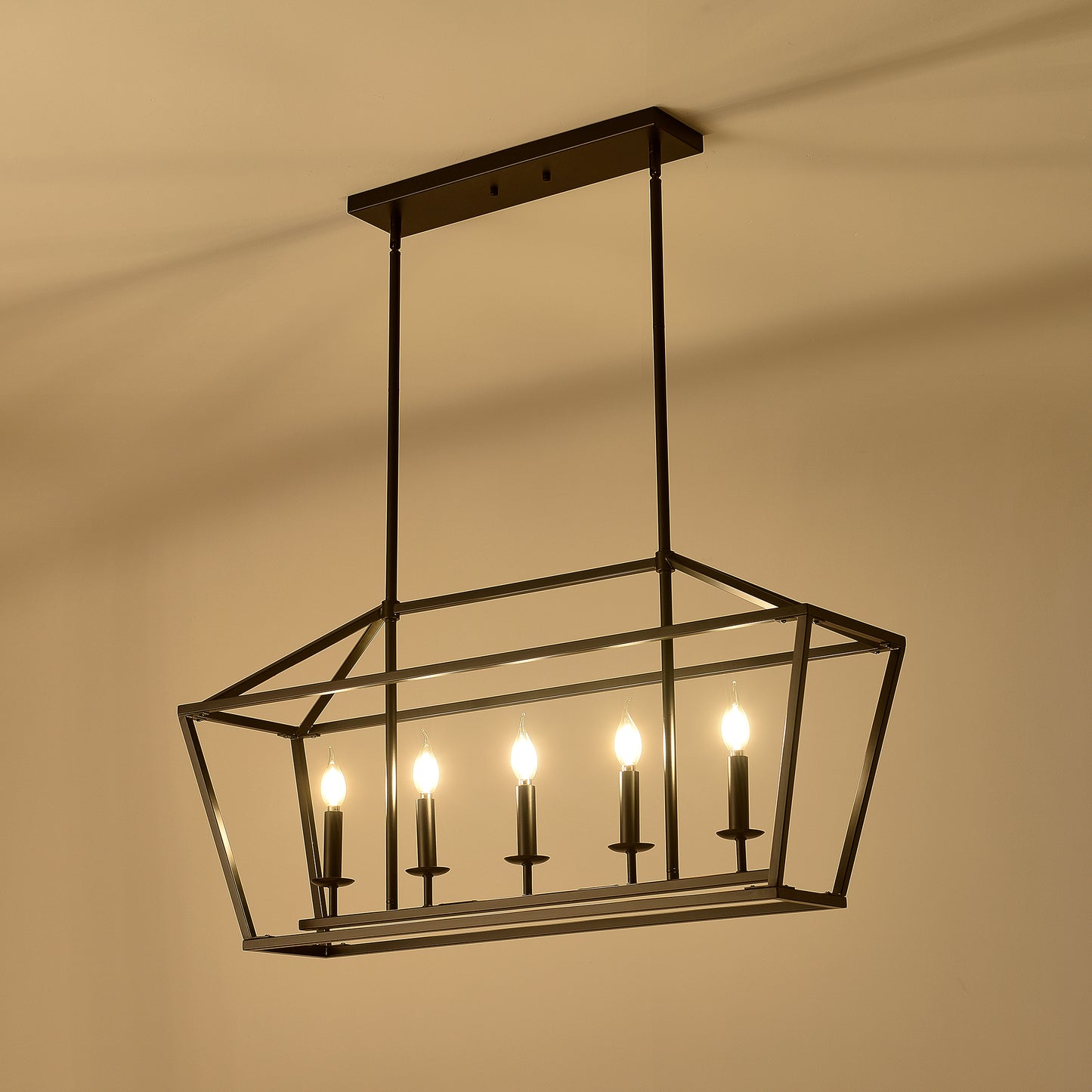 Black metal farmhouse chandelier with five candlestyle bulbs