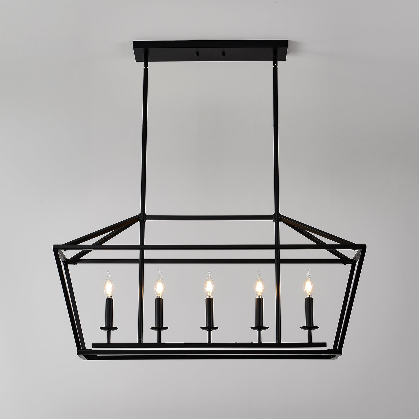 Black geometric chandelier with five candelabra bulbs
