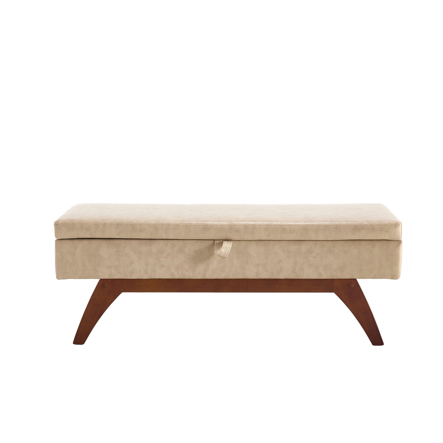 Beige storage ottoman with wooden legs