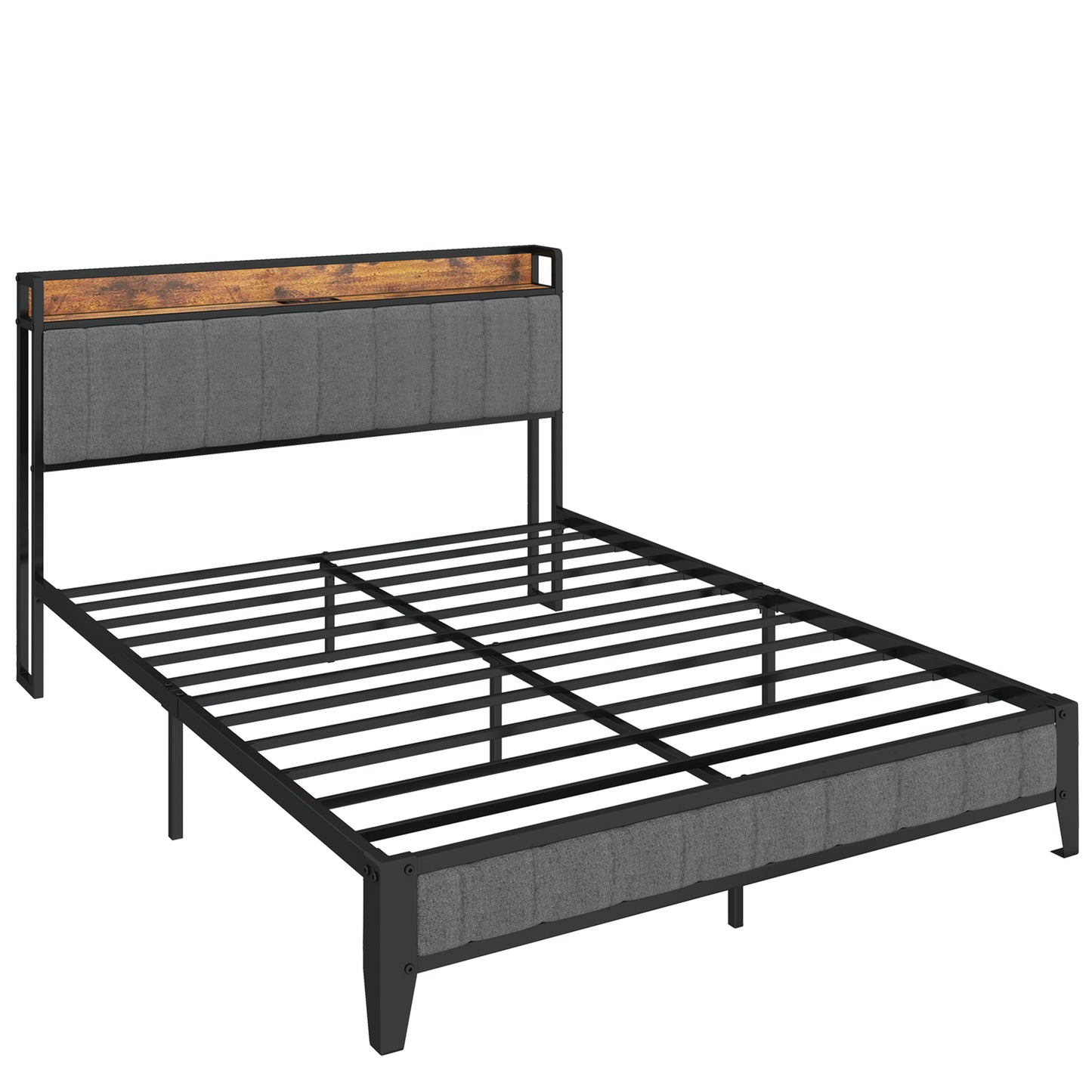 Industrial metal bed frame with grey upholstered headboard and wood accent