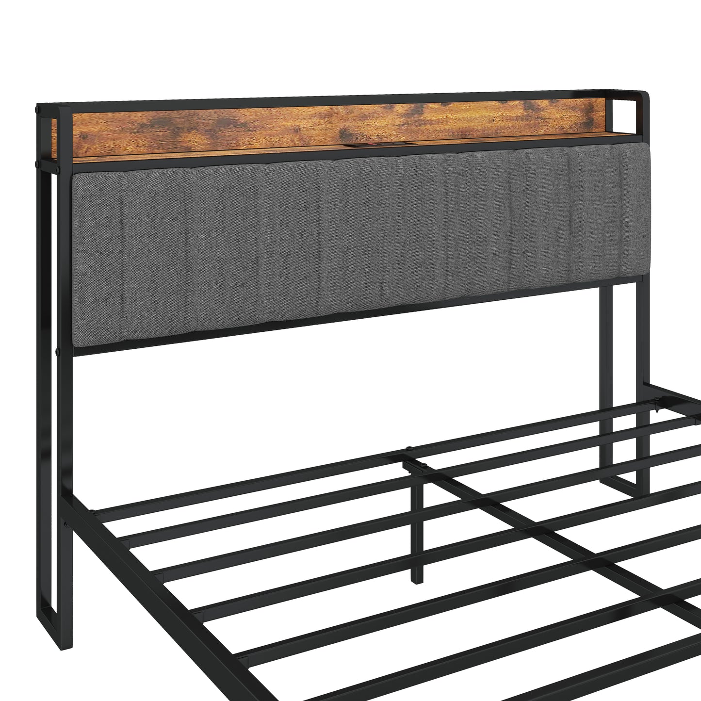 Industrial style upholstered bed frame with grey fabric headboard and wood accent