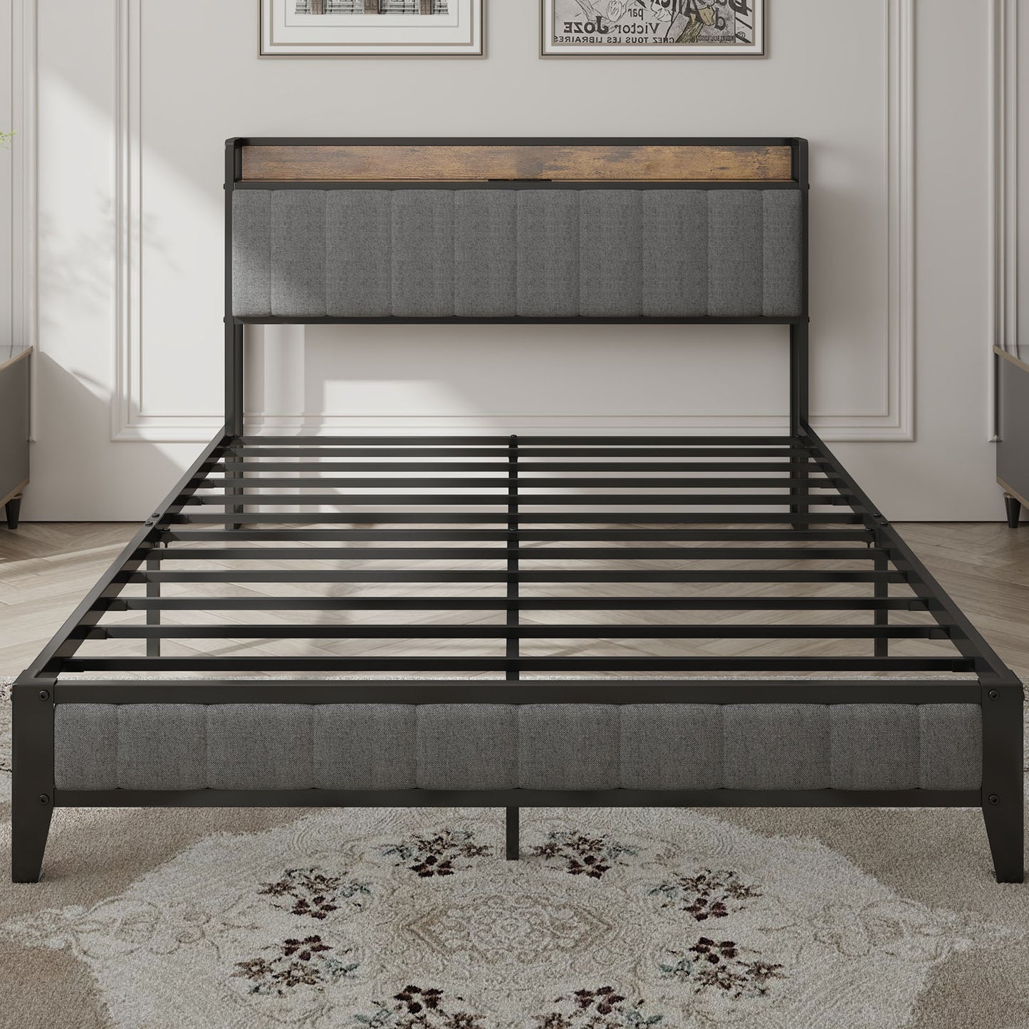 Industrial style queen bed frame with gray upholstered headboard and wood accent