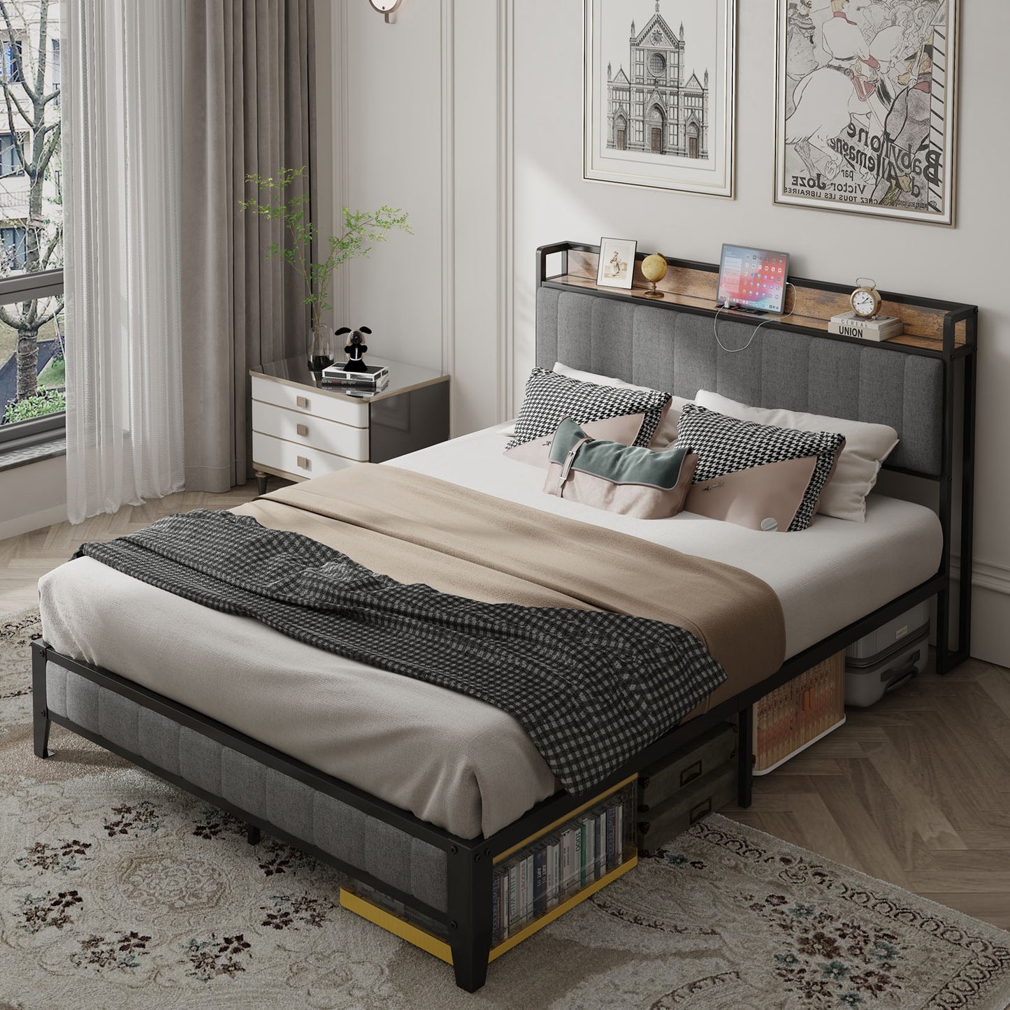Gray upholstered bed frame with wooden headboard shelf and builtin charging