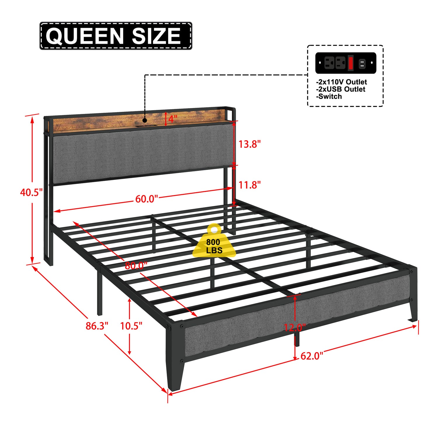 Queen size bed frame with upholstered headboard and builtin power outlet