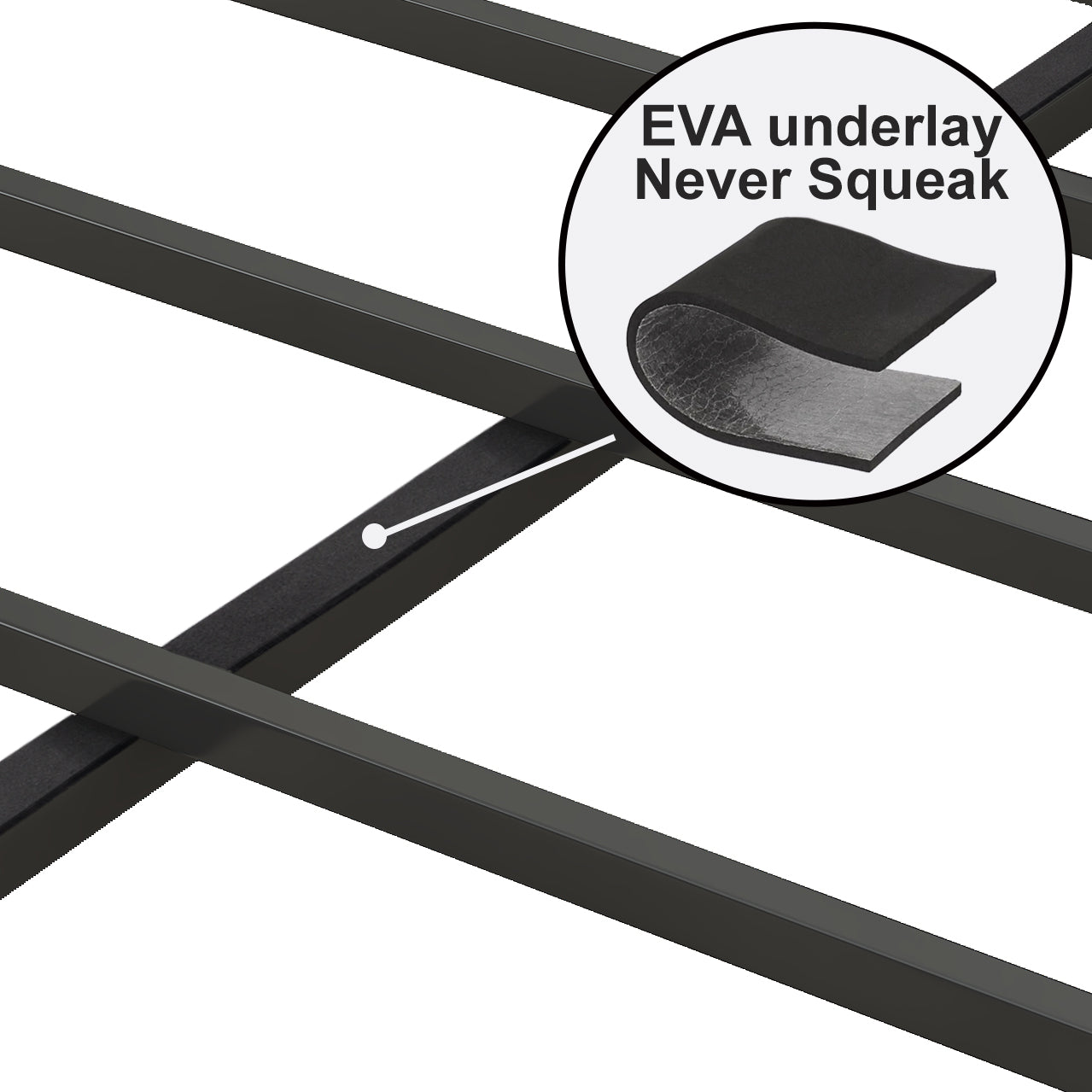 Black metal bed frame with EVA underlay for noise reduction
