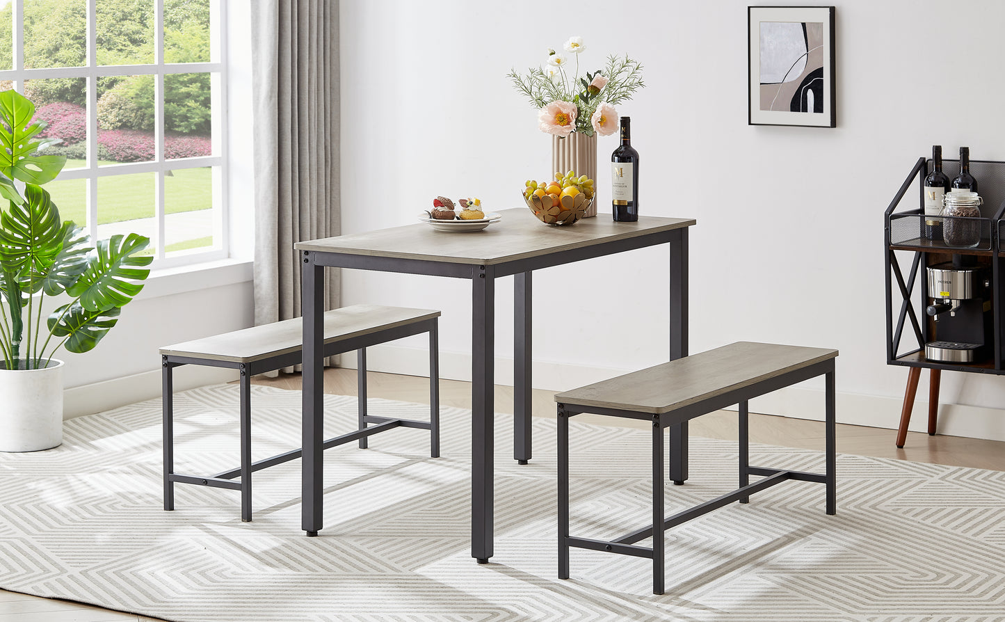 Modern grey wood dining table with two benches and metal legs