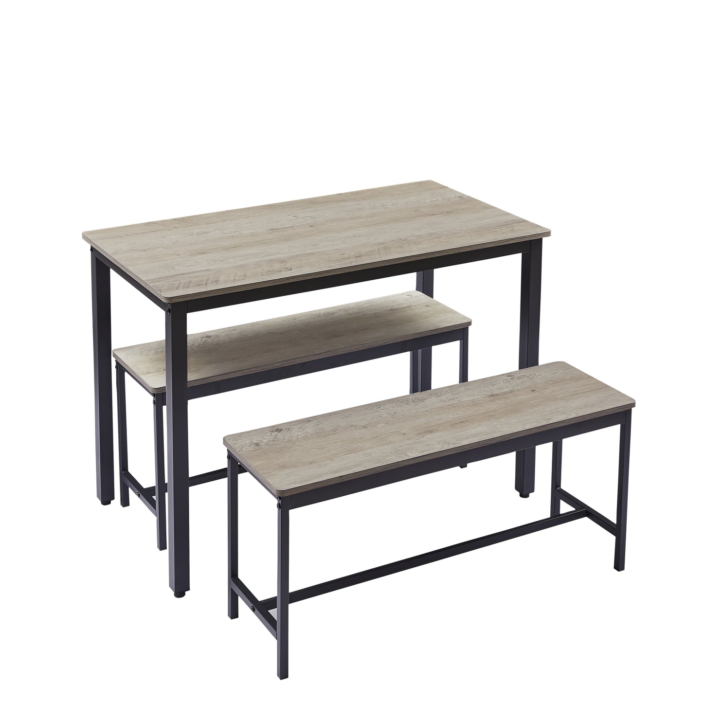 Rustic wood grain dining set with two black metal frame benches