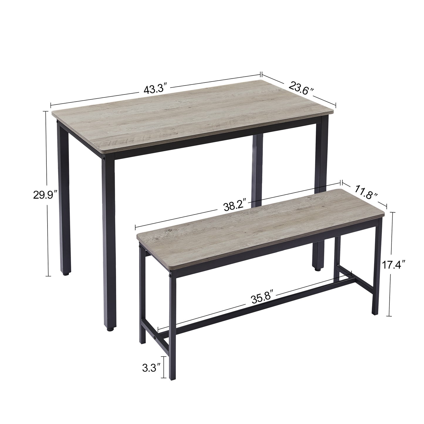 Rustic wood and black metal dining set with bench