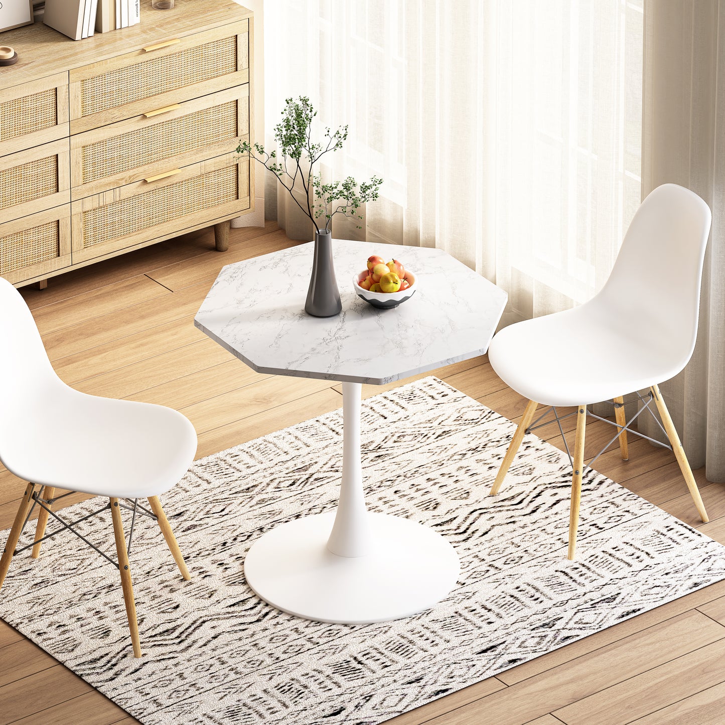 White molded Eamesstyle dining chairs with wood legs and a white tulip table