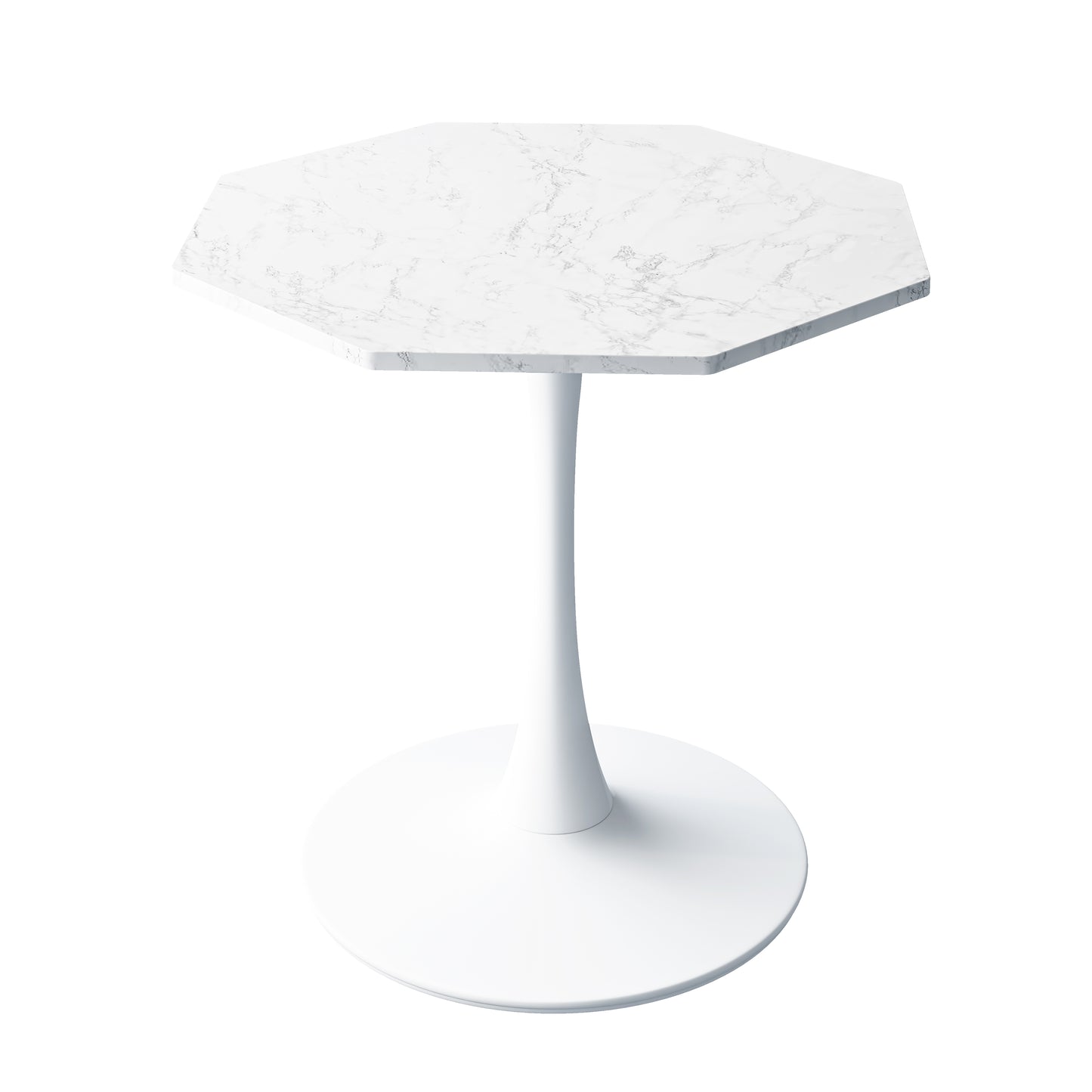 White marble top hexagonal dining table with white pedestal base
