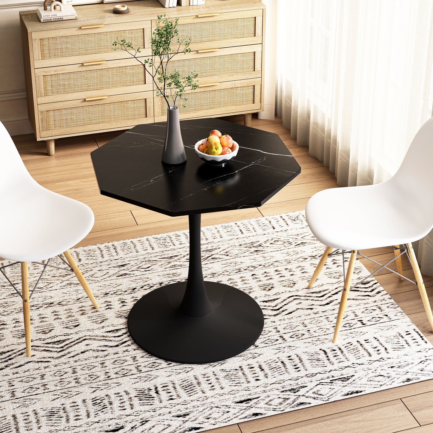 Black marble octagonal dining table with pedestal base and white chairs