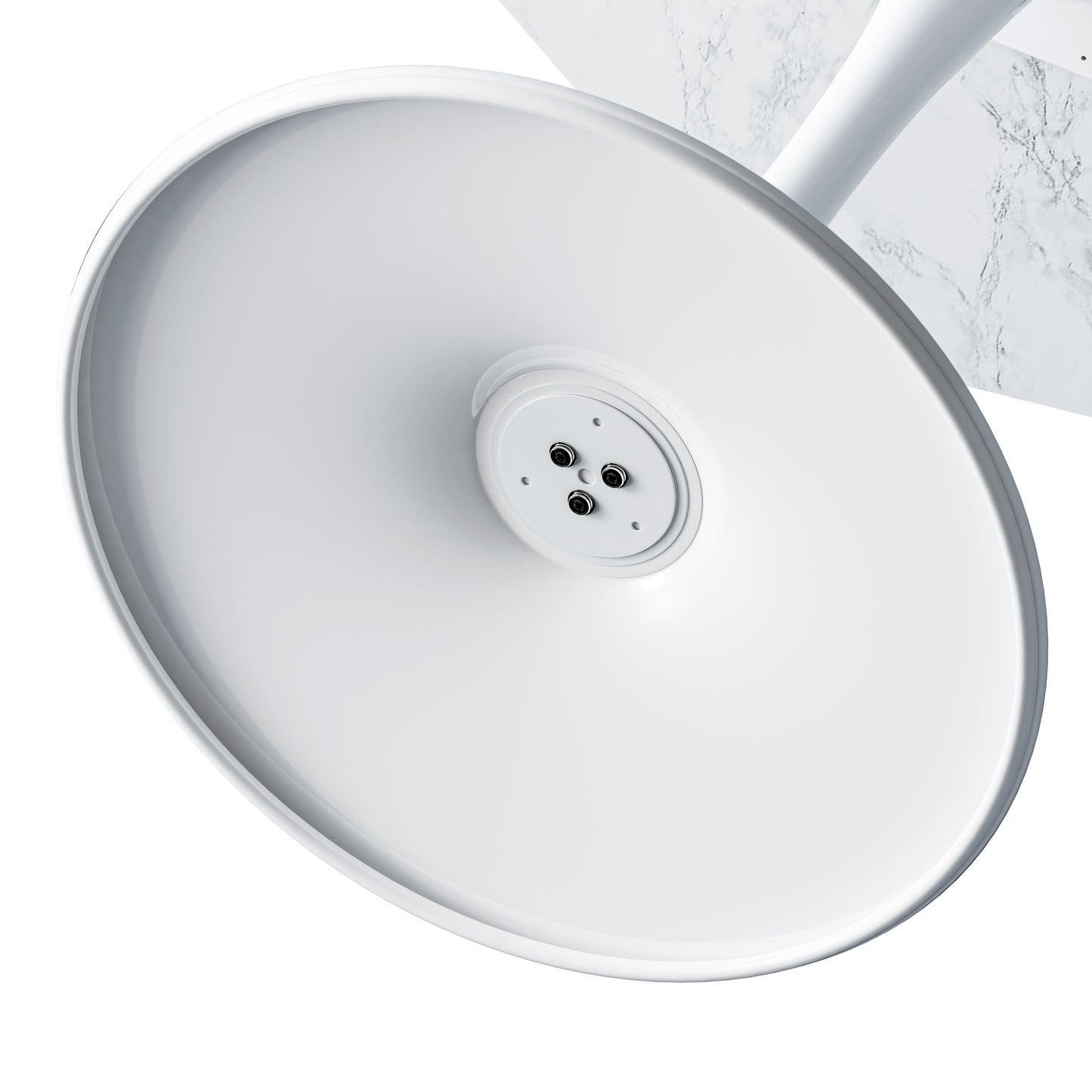 Closeup of a sleek white modern lamp shade base with visible electrical connectors