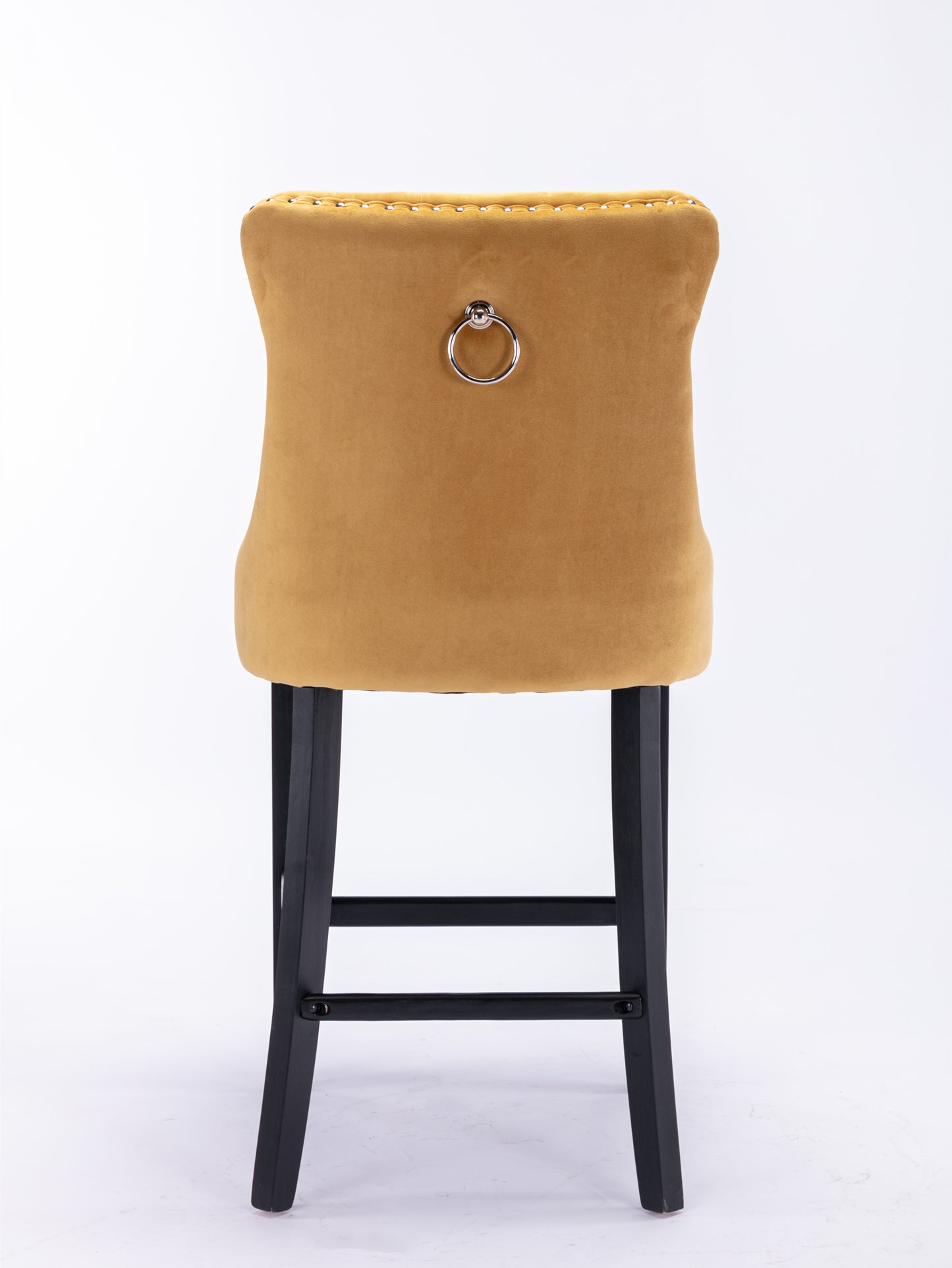 Yellow velvet bar stool with tufted back and silver ring pull
