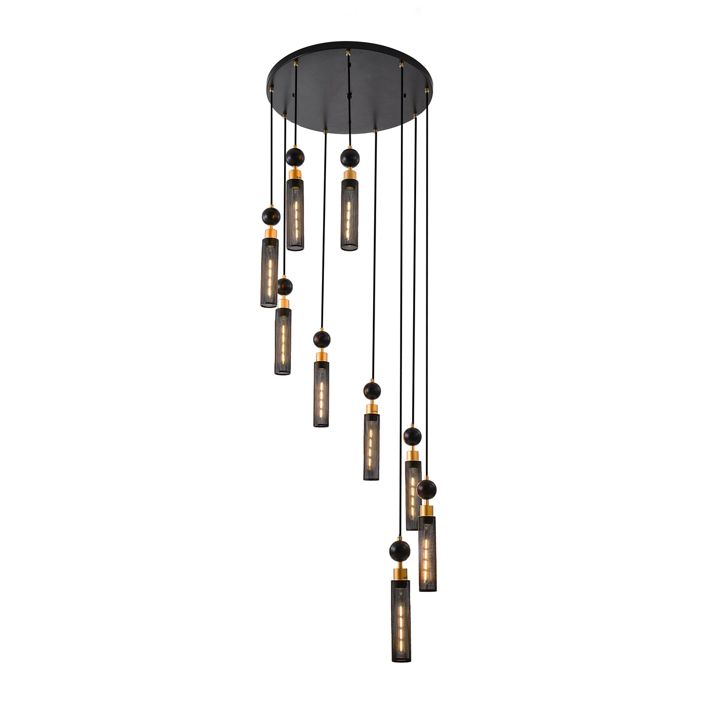 Modern black chandelier with nine cylindrical glass shades and gold accents