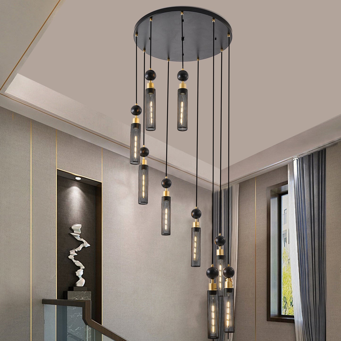 Modern spiral chandelier with black mesh cylinder shades and gold accents