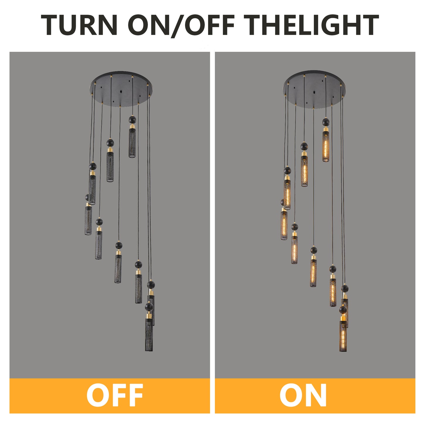 Modern black pendant chandelier with cylindrical cages and gold accents