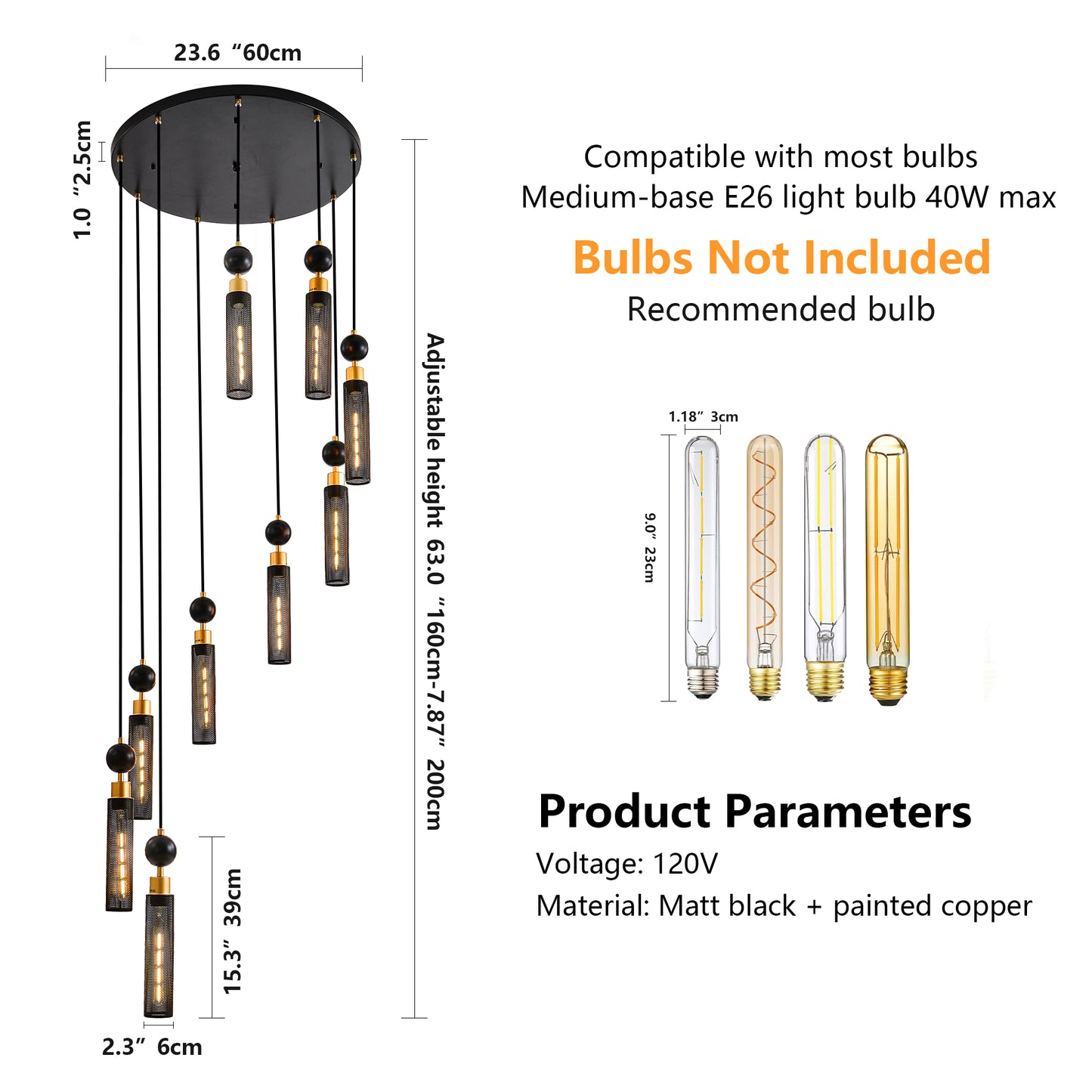 Black metal cylinder pendant light with matte black and copper accents