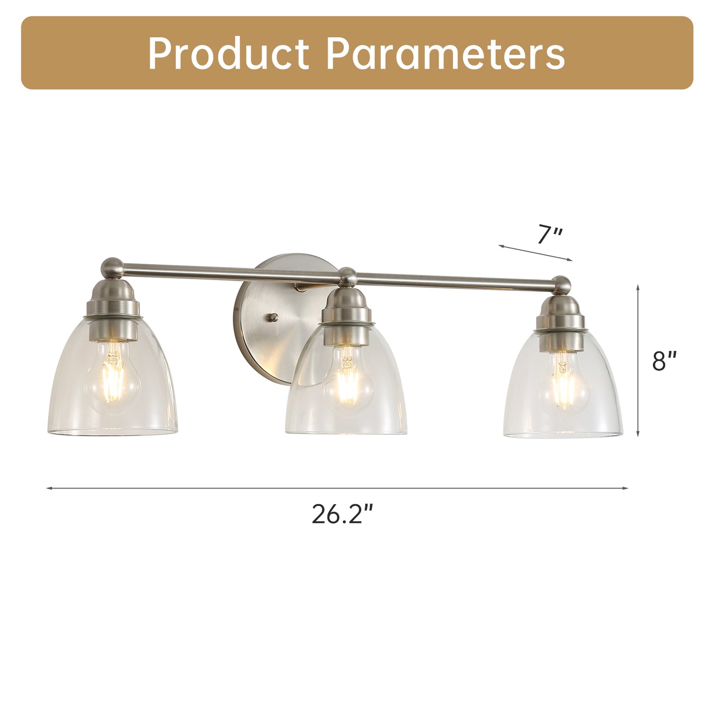Brushed nickel vanity light fixture with three clear glass shades and exposed bulbs
