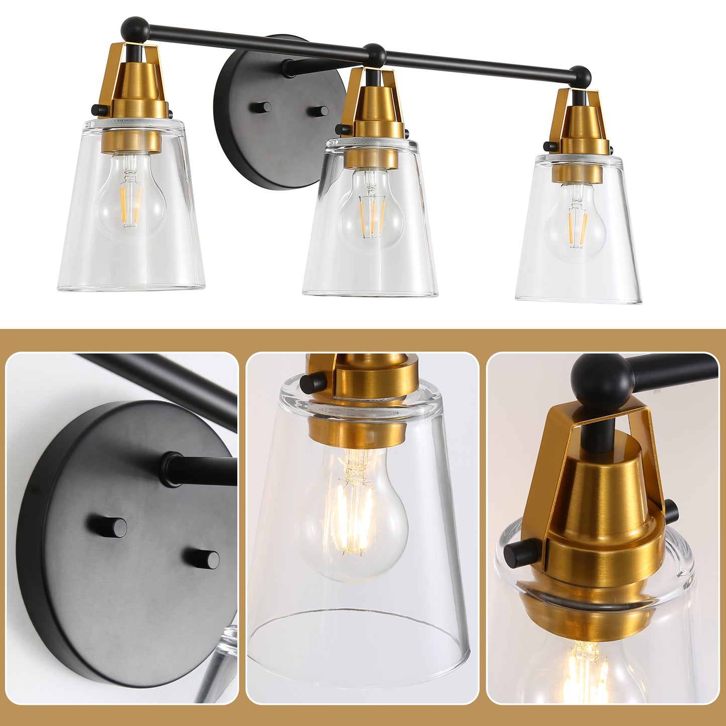 Modern black and gold vanity light with clear glass shades