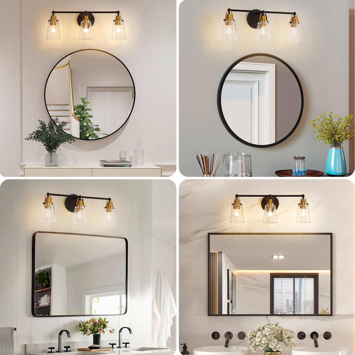 Black threelight vanity light with clear glass shades and gold accents above a round mirror